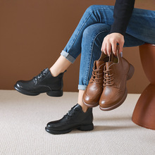 秋冬真皮复古短靴英伦风系带马丁靴软底防滑保暖靴子中老年妈妈鞋