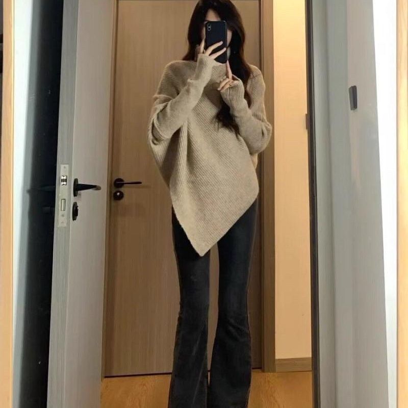 Plus Size Women's Autumn New Style Fat Girl Asymmetrical Design Bat Sleeve Shawl Style Turtleneck Sweater Knitted Top Plus Size Women's Autumn New Style Fat Girl Asymmetrical Design Bat Sleeve Shawl Style Turtleneck Sweater Knitted Top