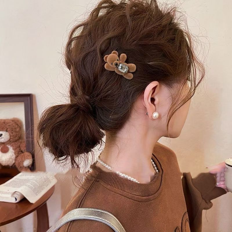 Lazy Waving Bear~2025 New Style Hair Accessory Biscuit Gemstone Hairpin Hair Clip Side Clip Hair Ornament for Women Sweet and Cute