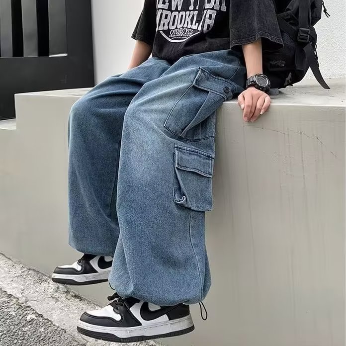 Fashionable Straight Foot Micro-elastic Washable Mid-waist Youth Popular Trousers Zipper Jeans Loose Straight Trendy Winter Men