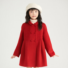 女童双面羊绒外套2024秋冬新款儿童中长加厚新年洋气红色呢子大衣