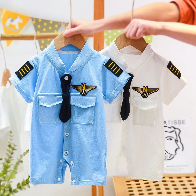 Newborn Baby Summer Short-Sleeve Romper, Trendy Cute Thin Air Force Style for Boys, Super Adorable Outdoor Crawling Outfit