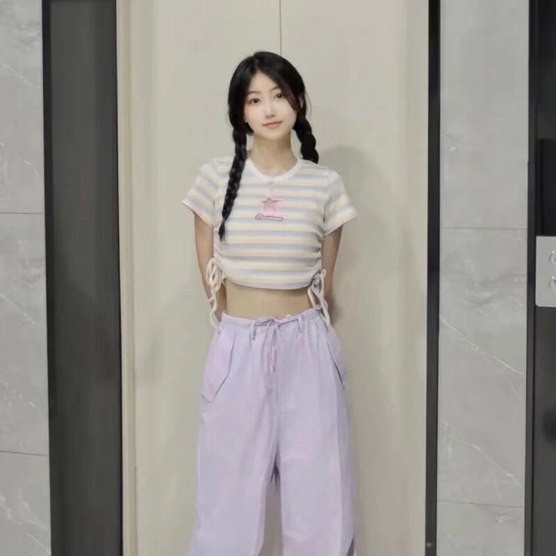 [95 Cotton 5 Spandex] American Retro Cut Out Star Stripesd Right Shoulder Short-Sleeved T-Shirt for Women Summer Sexy Short Style