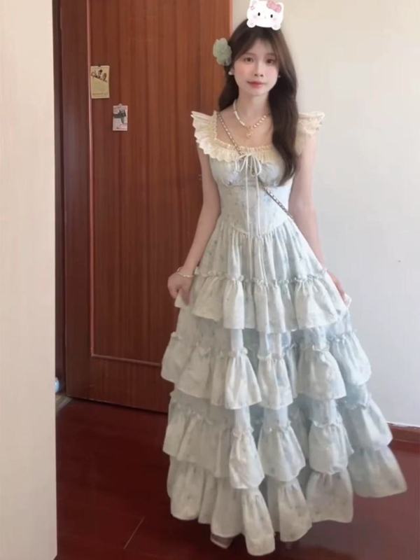 夏季甜美法式蕾丝温柔碎花小飞袖新款连衣裙气质公主收腰蛋糕长裙|undefined