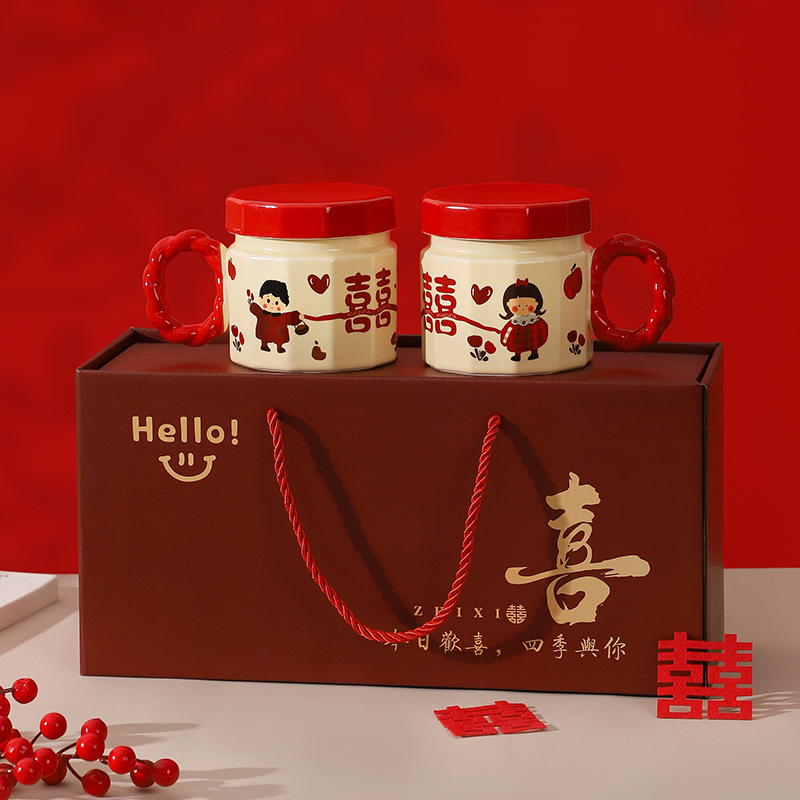 Tazas de cerámica, copas de mano, copas de mujer con tapa, copas de regalo de boda, copas de pareja, copas de agua festivas