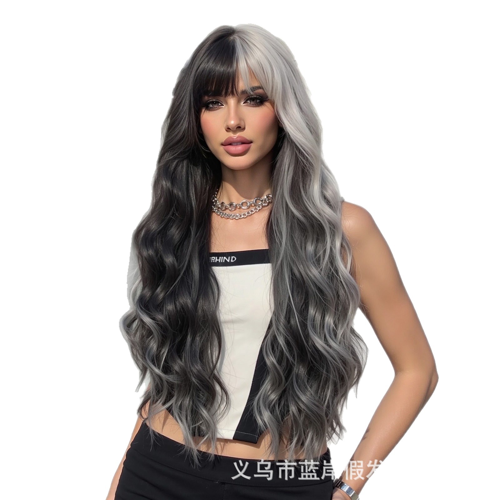 Cosplay de Halloween Juego de pelo Moda transfronteriza Olas grandes Cabello largo y rizado Gris plateado Exceptora Peluca Mujer Cubierta completa Wig