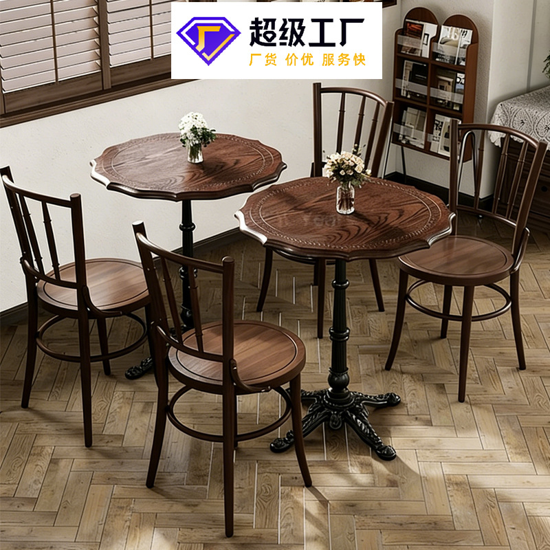 Café de madera sólida sofá mesa y silla combinación de estilo americano medieval mezcla restaurante de postres restaurante mesa y silla comercial de catering
