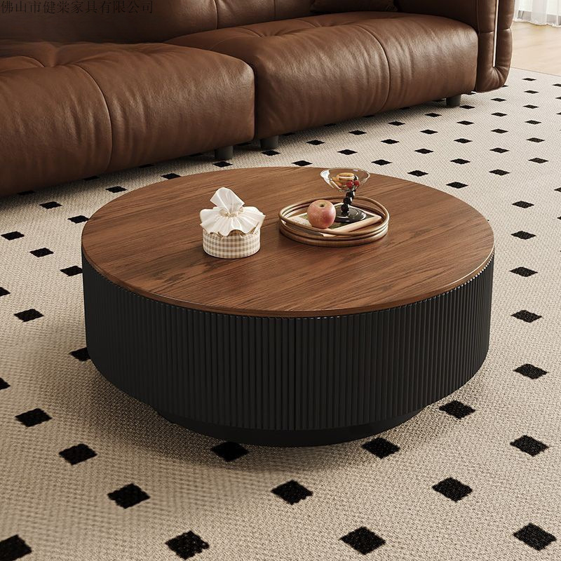 轻奢高级岩板圆形茶几客厅家用现代简约古风茶几中古风胡桃木茶几