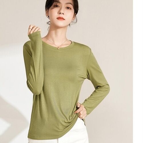 Spring and Autumn Round Collar Base Shirt for Women, Plain Color Versatile Stylish Short Top, Fitted Long Sleeve Women's T-shirt