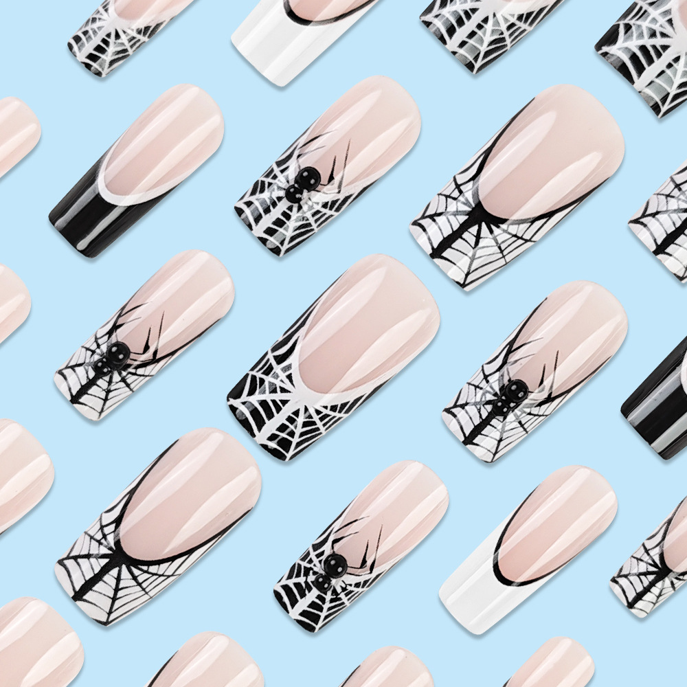 Nuevos parches de uñas franceses en blanco y negro, parches de uñas falsas de Halloween, productos de uñas terminados image 4