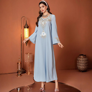 ZF4120 light blue V-neck horn sleeve embroidery flower piece ABAYA Middle East Qatar women's in stock