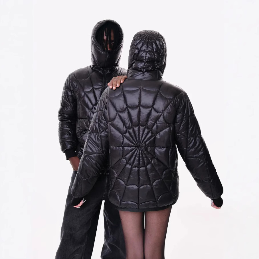 跨境秋冬新款黑色羽绒服蜘蛛侠连帽加厚保暖男女同款百搭拉链外套