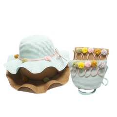 Baby wave edge large brim grass hat girl children sweet bag hat set children summer vacation beach fisherman hat