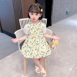 女童碎花连衣裙夏装2023新款洋气儿童圆领裙子泡泡袖公主裙虾皮