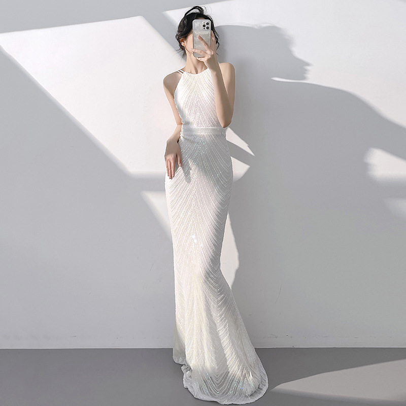 Evening Dress for Women, New Spring and Autumn Style, White Hostess Fishtail Sequin Dress, Elegant, High-End, Light Luxury, Niche Halter Neck Dress