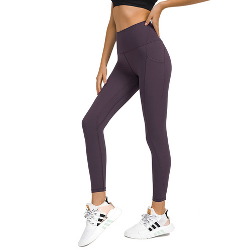 One piece drop shipping new upgraded nude yoga pants high waist abdominal side pocket sports running fitness nine-point pants