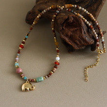 复古精致民族风木纹石松石小象项链轻奢小众高级感锁骨链百搭配饰