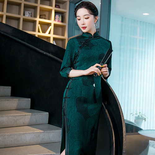 Chinese style dark green Chinese dress oriental retro qipao dress ladies stand-up collar cheongsam evening banquet elegant dress