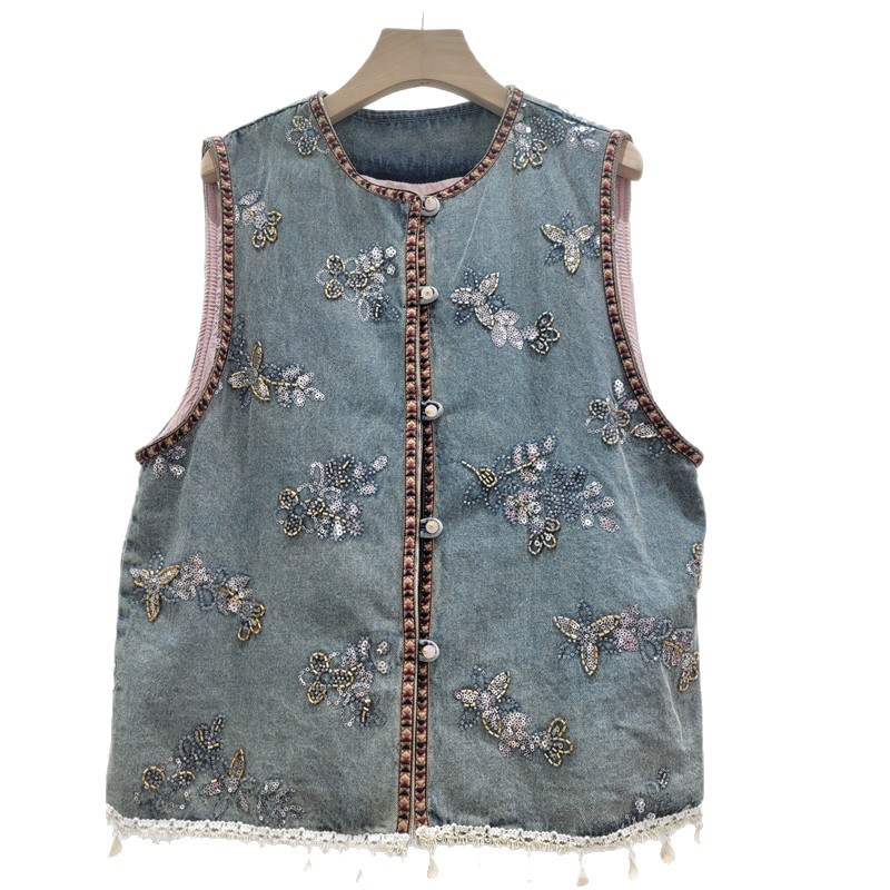 Bohemia conchas bordadas chaleco de vaquín mujer 2026 primavera y verano industria pesada bordada sequilla retro clip de hombro de viento image 5