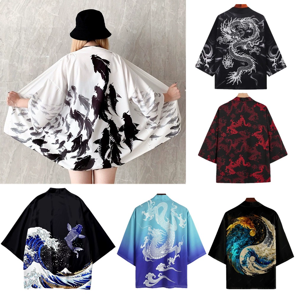 2025 трансграничный китайский стиль в стиле Харадзюку ретро дракон кардиган плащ 3D с принтом укиё-э с семью рукавами для оптовой продажи