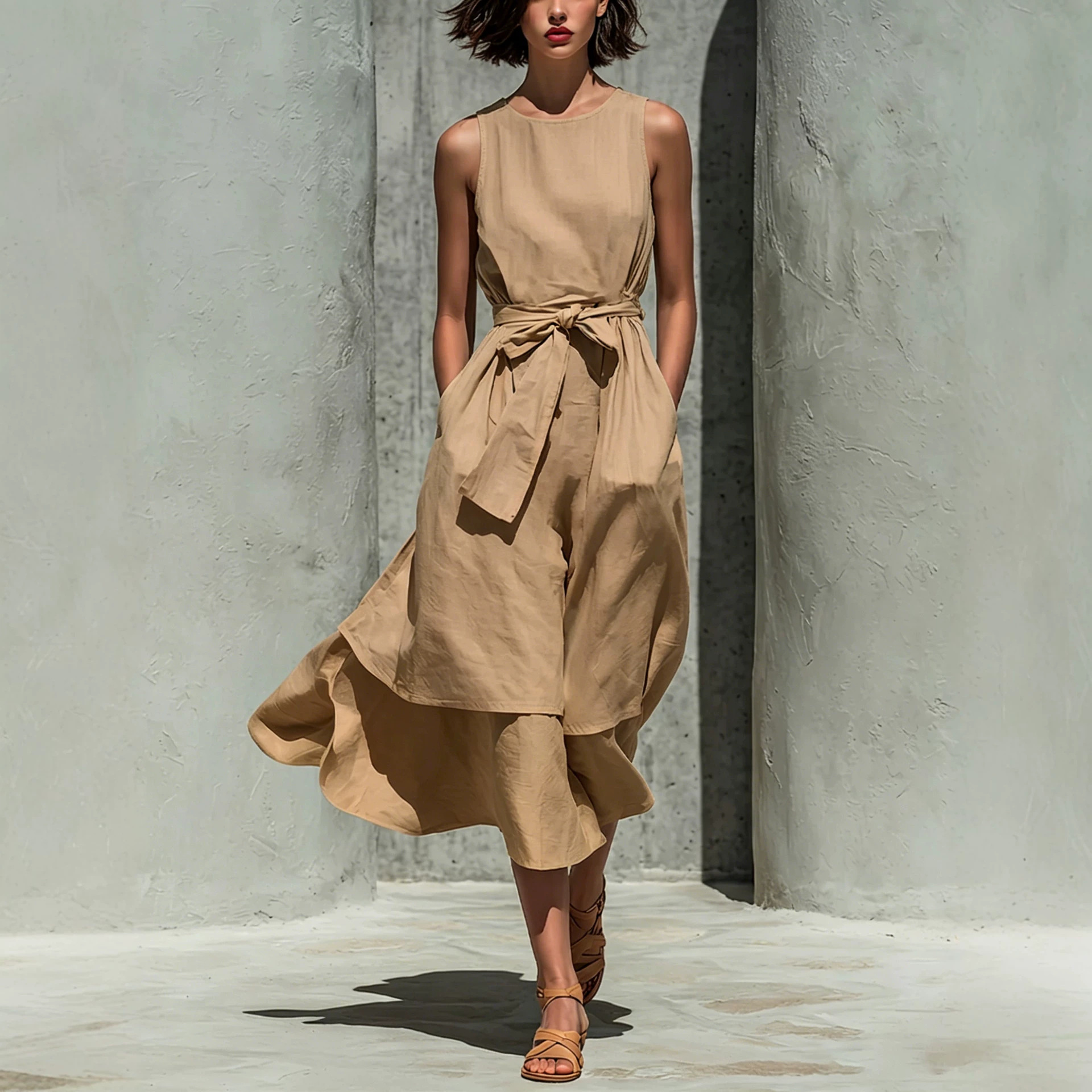 2026 New Cross-Border Amazon Best-Selling Sleeveless Dress with Round Neck, Tie Waist, Irregular Hem, and Long Skirt