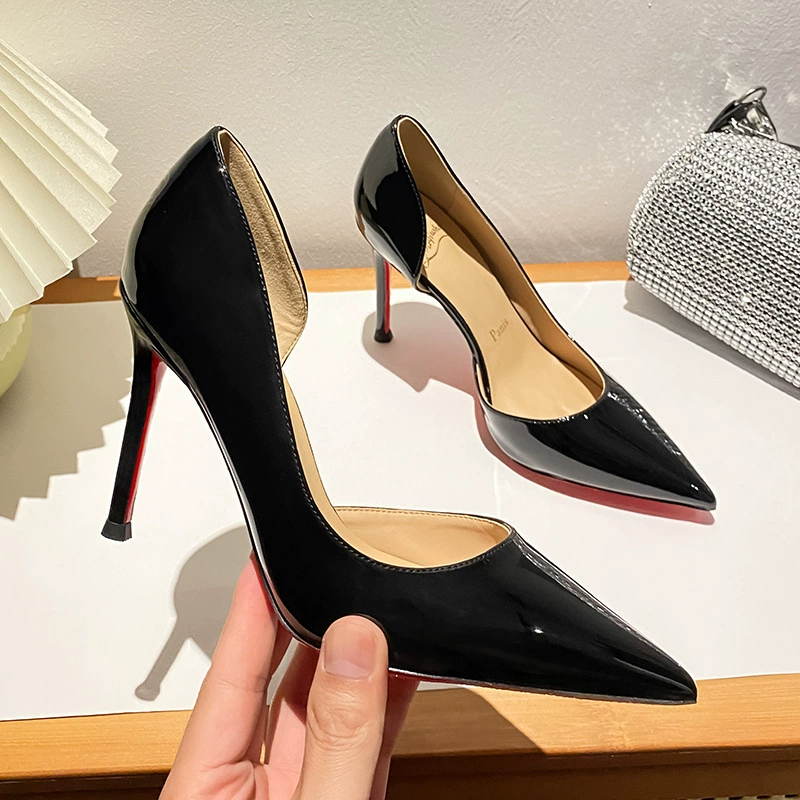 2025 Новые весенне-осенние женские туфли с острым носком и красной подошвой телесного цвета на высоком каблуке, красивые женские туфли на шпильке, темпераментные черные туфли из лакированной кожи