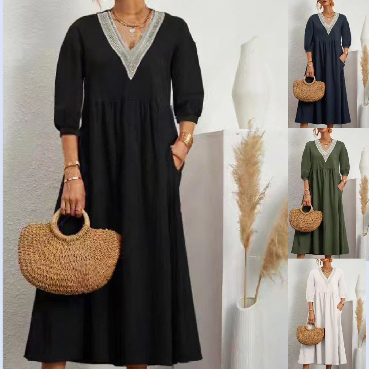 跨境2024新款欧美亚马逊纯色灯笼袖宽松花边V领棉麻插口袋连衣裙