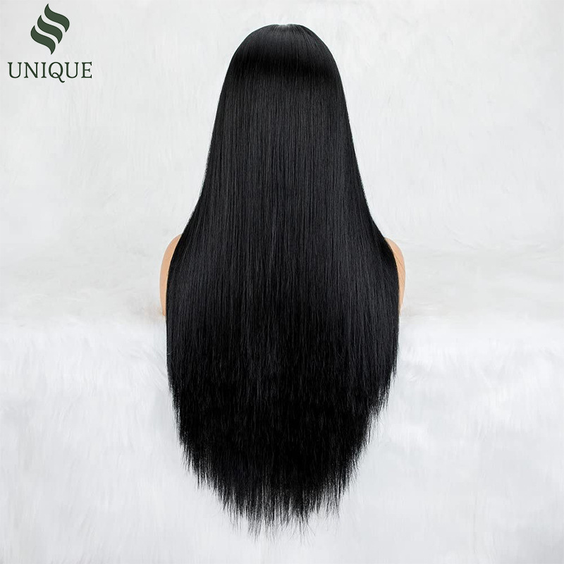 Peluca transfronteriza, pelo largo y liso negro natural, conjunto de cabello completo de encaje frontal con raya media, peluca cos de seda de alta temperatura para exportación