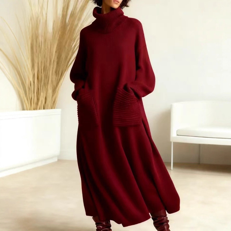 2025 European and American Export New Style High-Neck Knitted Dress, Loose Fit with Pockets