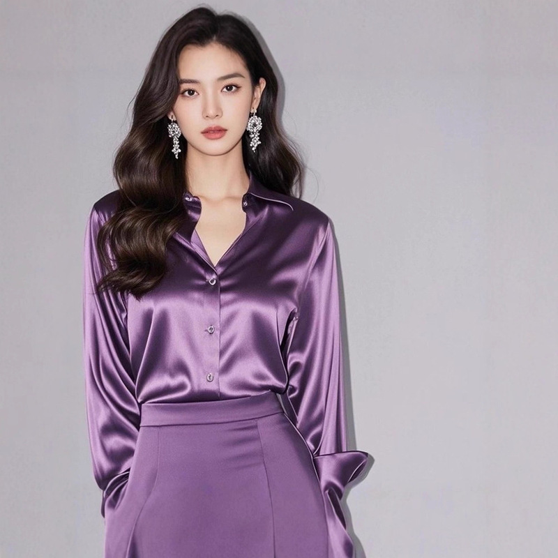 New 2025 Stylish Professional Acetate Satin High-End Shirt with Long Sleeves, Spring and Autumn Silky Drape Base Shirt