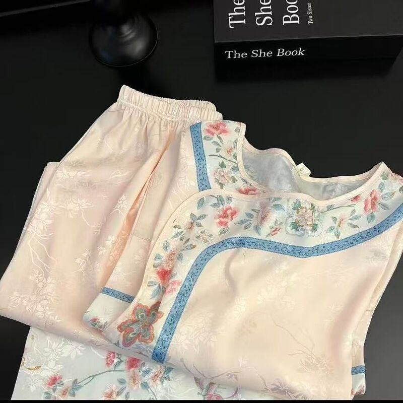 Chinese-Style Pajamas for Women, Palace-Style, Spring, Autumn and Summer, Long-Sleeved Trousers, Chinese-Style Retro Hanfu Printed Loose-Fitting Home Clothes