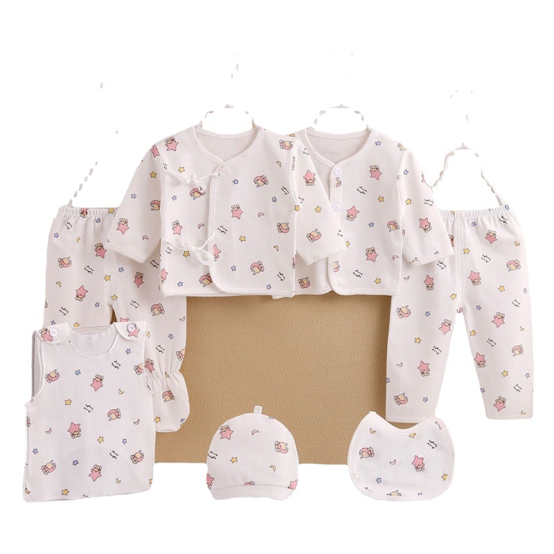 Nuevo bebé algodón lana bebé clásico traje de siete piezas ropa suministros bolsa de algodón Flor de dibujos animados traje de los niños