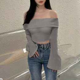 2025 Spring Korean Style Bell Sleeve Slim One-Shoulder Sexy Short-Sleeve Knit Top for Women