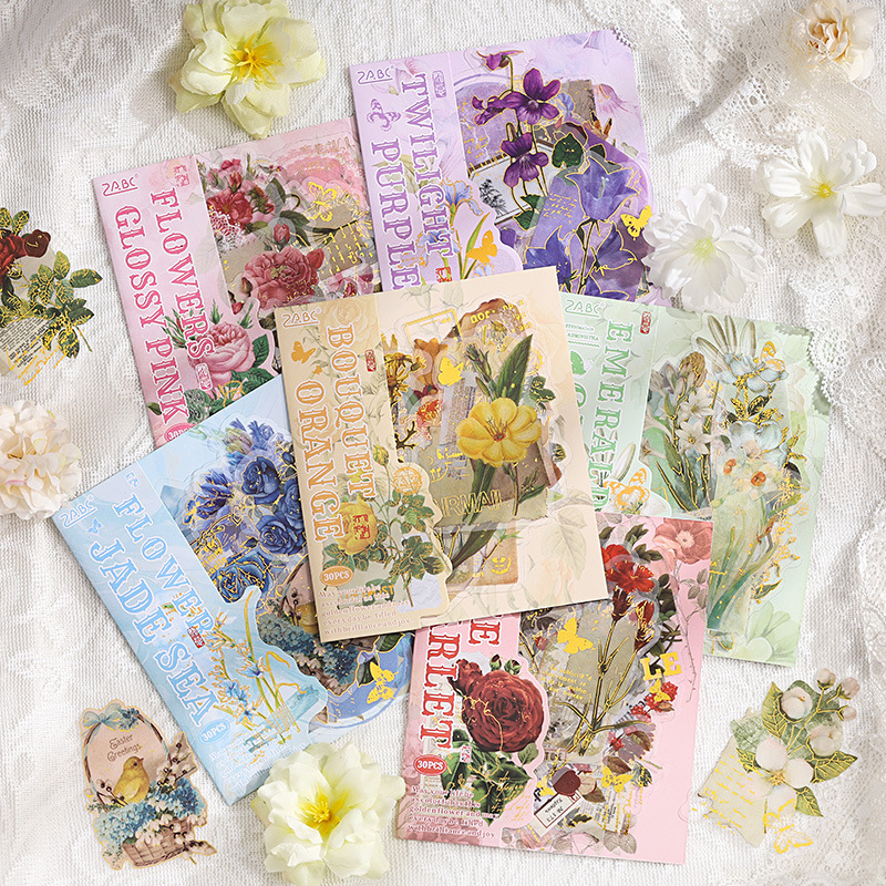 Flor dorada transparente pegatinas impermeables DIY pegatinas de diario pegatinas de flores de plantas estampadas retro transfronterizas