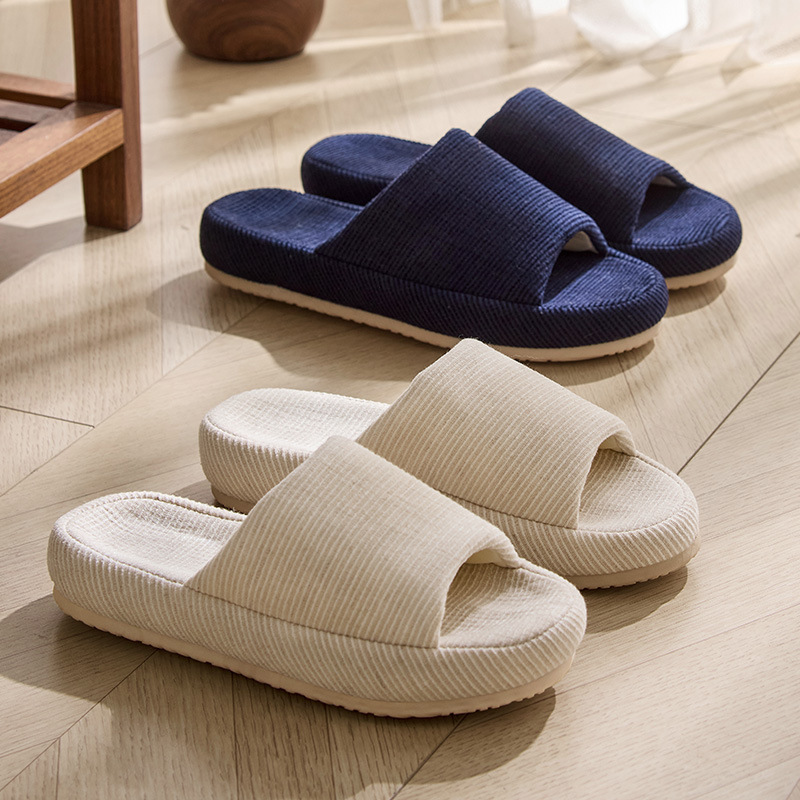Japanese Classy Home Cotton and Linen Slippers for Women Summer Indoor Home Four-Season Non-Slip Thick-Soled Office Slippers for Men