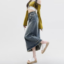 复古毛边牛仔半身裙女春秋2025新款高腰梨形身材中长款a字裙长裙