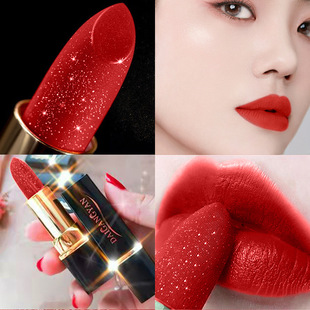 Small Gold Diamond Pearlescent Lipstick Velvet Matte Matte Waterproof Not Easy to Stick to the Cup Guangzhou Cross-Border Cosmetics Makeup Wholesale