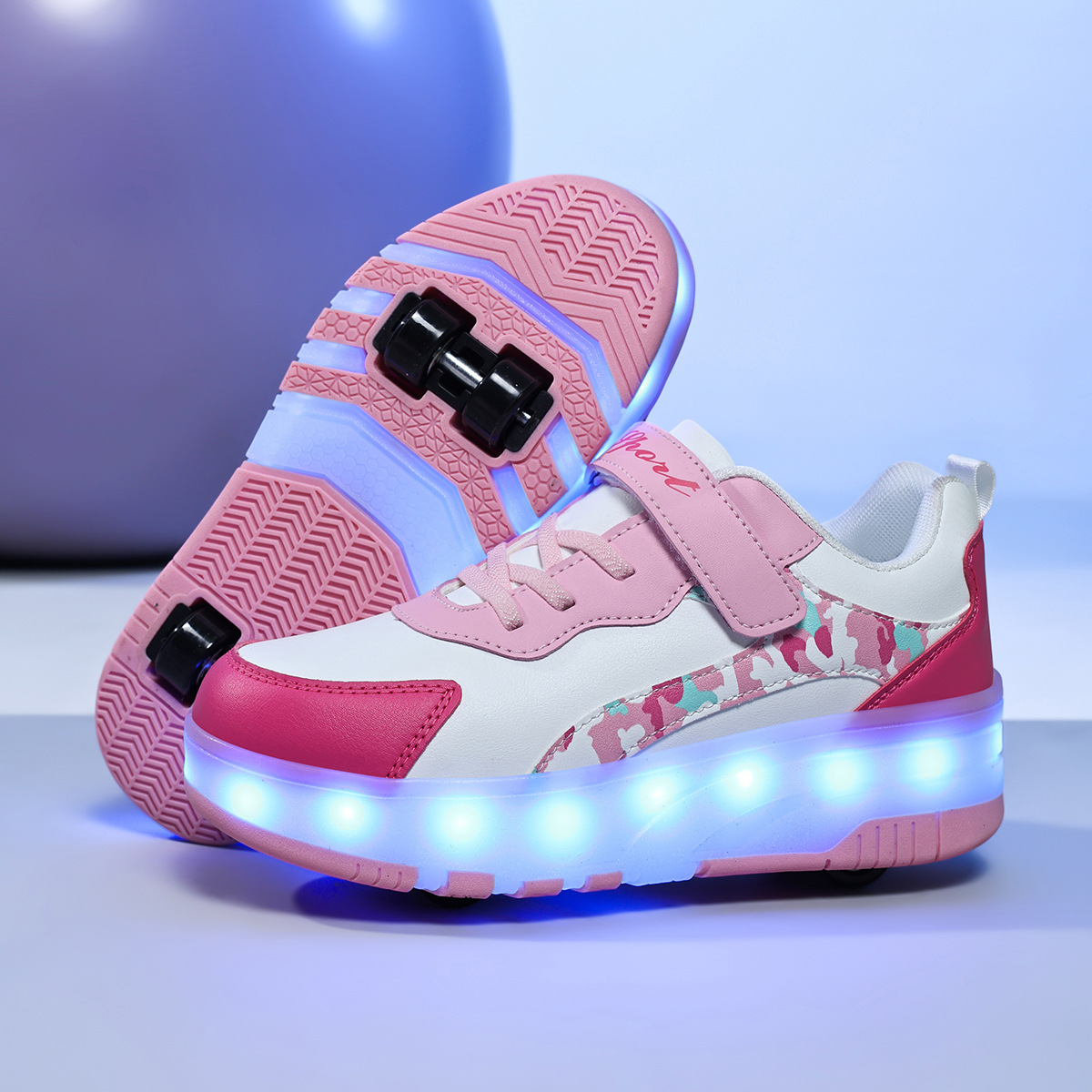 Trendy Children's Light-Up Roller Skates with Four Wheels, Detachable Dual-Use USB Rechargeable Led Light-Up Shoes
