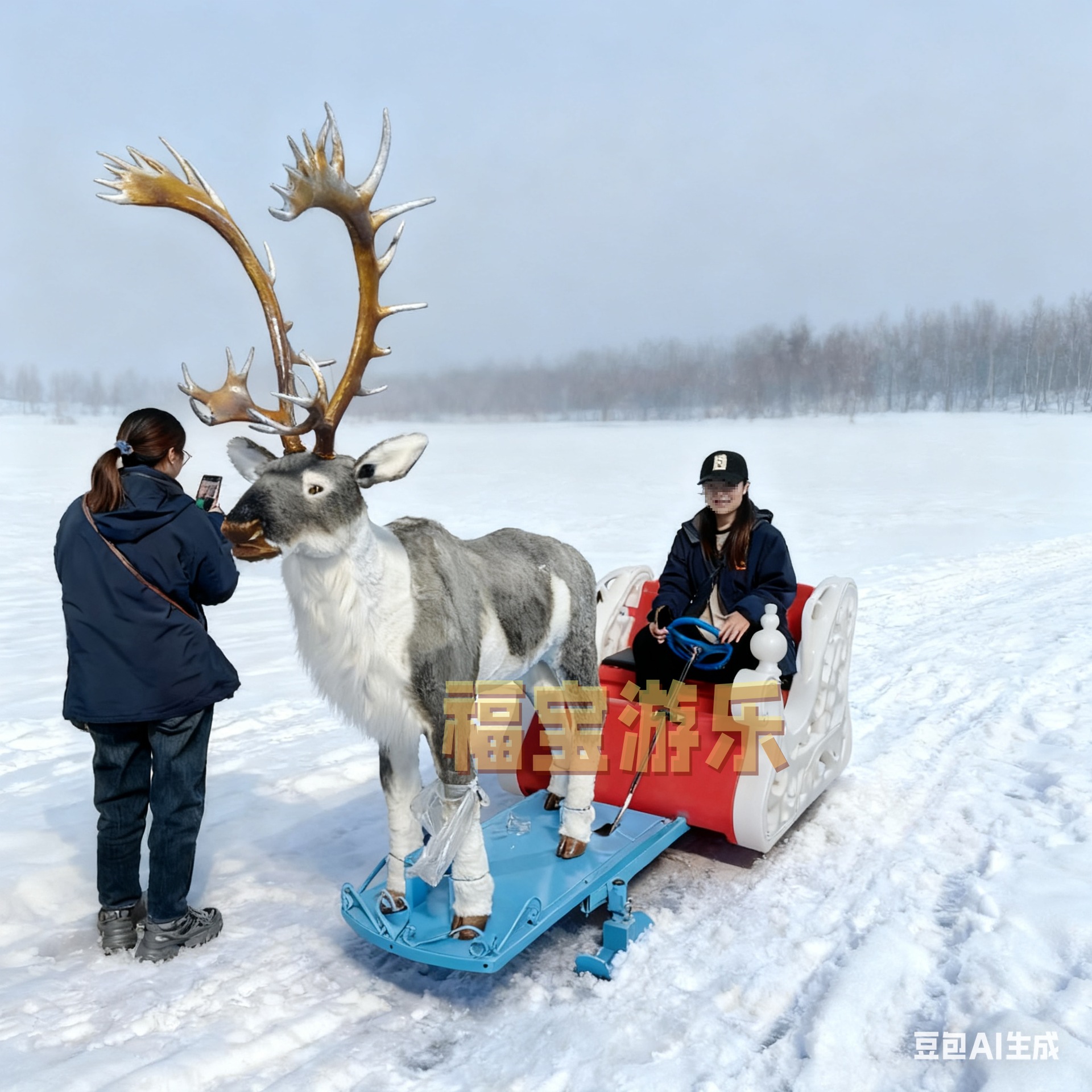 2026 New Ice and Snow Amusement Project Electric Deer Sled Snowmobile Snow Carousel Skiing