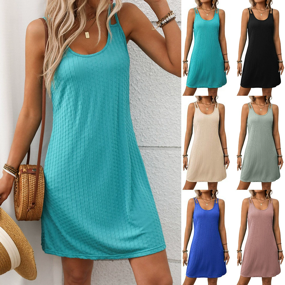 Amazon 2025 Европа и США трансграничная внешняя торговля лето новый сплошной цвет круглый воротник подтяжка свободное платье без рукавов