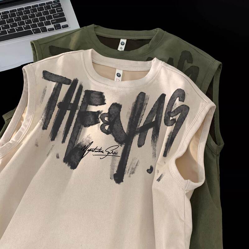 American Style Street Graffiti Suede Vest Men's Summer Fashion Brand Fitness Sports Waistcoat Loose plus size Sleeveless T-Shirt