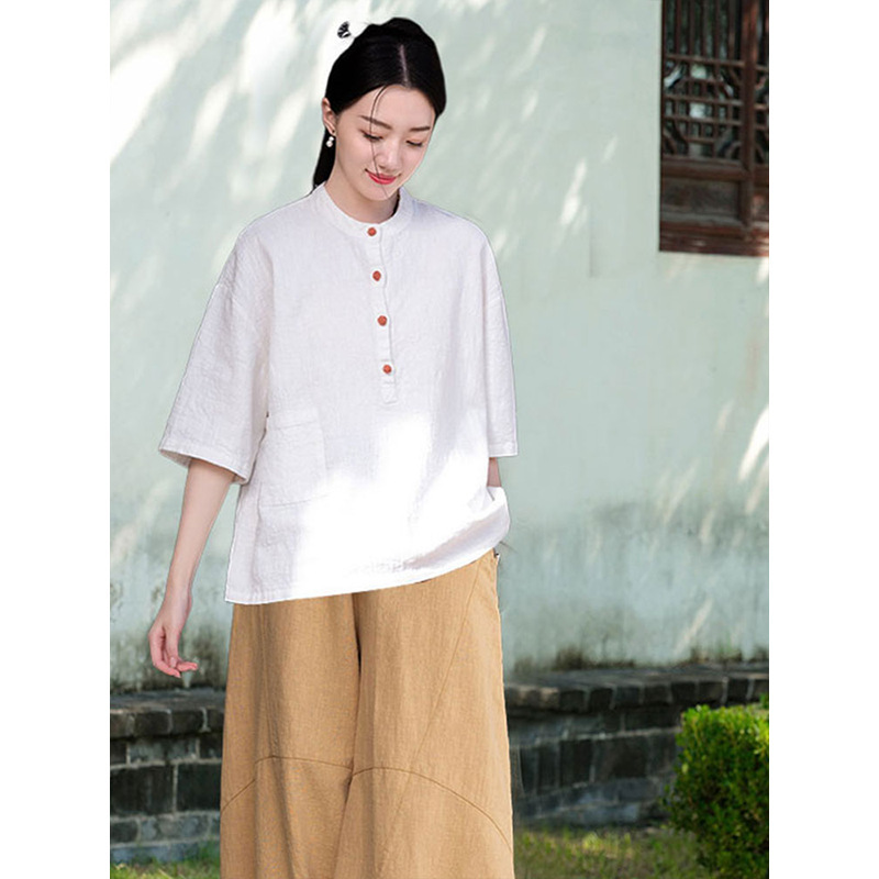 女性用在家服、中国風婦人服、綿麻ボタン付きトップス、禅服、中国風仏教禅無地スーツ|undefined