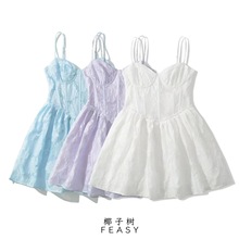 亚马逊跨境外贸欧美女装2024夏季新款多色提花修身迷你吊带连衣裙