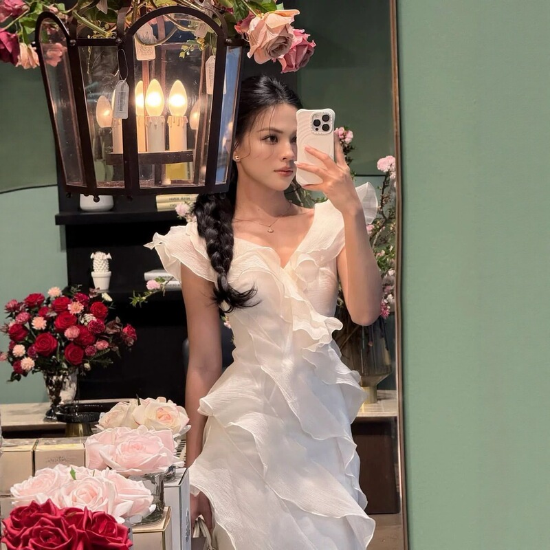 Vietnamese Niche Design Gentle Elegant Ruffled V Neck Dress Summer Sweet Asymmetrical Birthday Dress