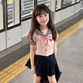 女童韩版时髦jk裙套装中小童夏季新款洋气娃娃领短袖百褶裙两件套