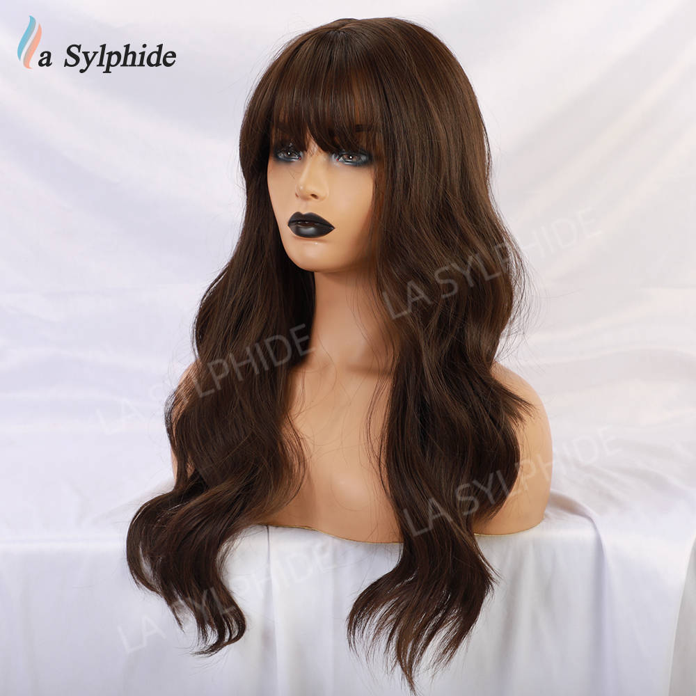 European and American wig female wig dark brown neat bangs long curly hair chemical fiber mechanism hair cross-border wig headgear