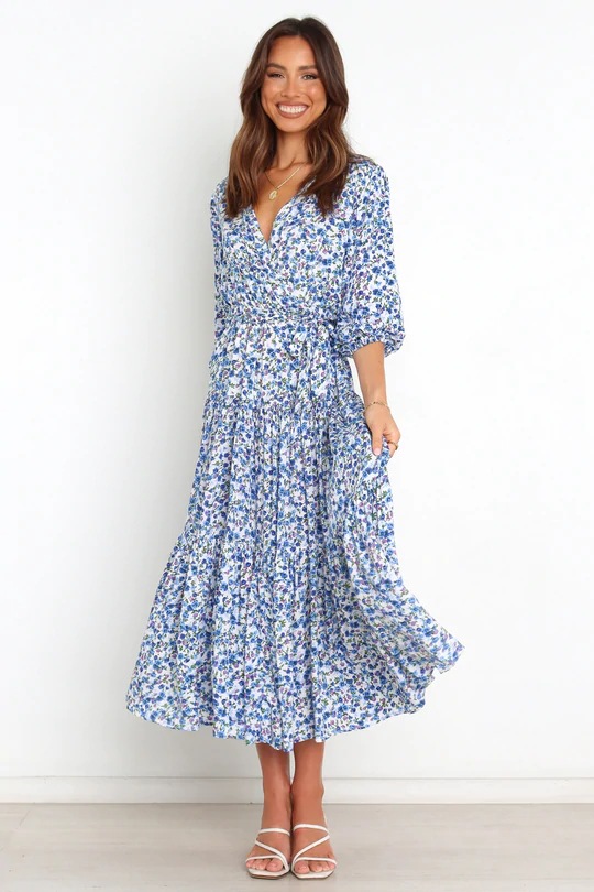 summer blue floral print mid-sleeve V-neck dress  NSCXY120954