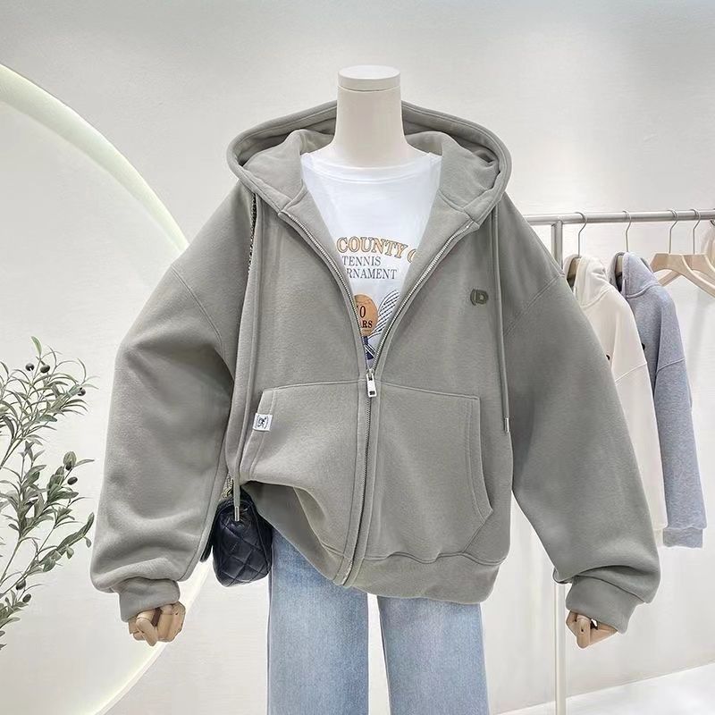 加绒加厚连帽卫衣女秋冬简约百搭宽松休闲oversize拉链开衫外套潮|undefined