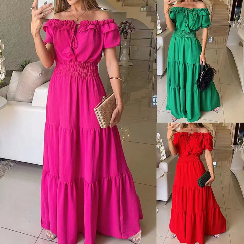 2025 European and American Cross-Border Export New Fashion Pure Color Lotus Lace-Up Leaf Edge Tube Top Puff Sleeve Large Hem Dress 2025 European and American Cross-Border Export New Fashion Pure Color Lotus Lace-Up Leaf Edge Tube Top Puff Sleeve Large Hem Dress