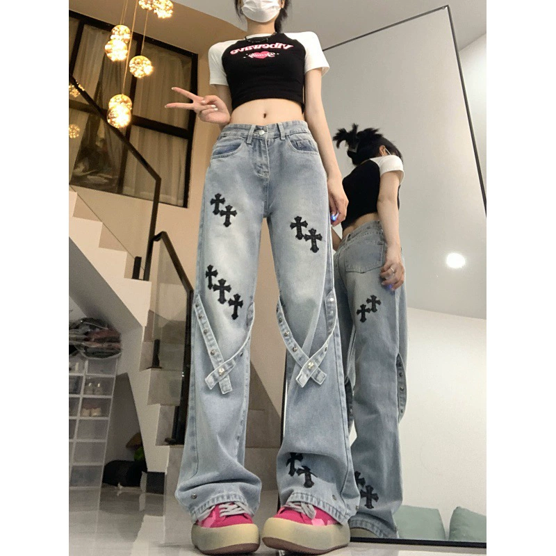 Реже цена!!! Американские высокие улицы хип-хоп крест джинсы для мужчин и женщин прямые свободные широкие брюки
